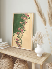 Illustrative botanical DNA double helix entwined with purple sweet pea flowers and green, in an alternate framed mockup