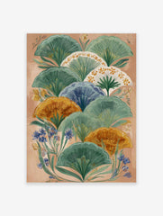 Illustrative botanical wall art with layered green, orange, and blue fan-shaped leaves on a peach background