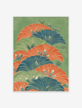 Illustrative botanical wall art with layered fan-like leaves in orange, blue, and green on a green background