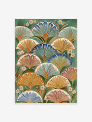 Botanical fan pattern wall art with layered blue, orange, and terracotta fan shapes on a green background