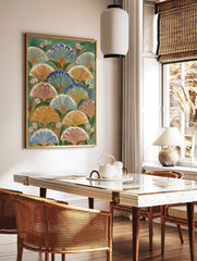 Botanical fan pattern wall art with layered blue, orange, and terracotta fan shapes on a green, in a styled room mockup