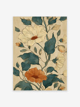 Botanical floral poster featuring teal leaves, a large cream flower, and an orange flower with detailed line work.