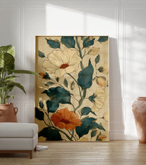 Botanical floral poster featuring teal leaves, a large cream flower, and an orange flower with detailed line work. - Image 3