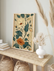 Botanical floral poster featuring teal leaves, a large cream flower, and an orange flower with detailed line work. - Image 4