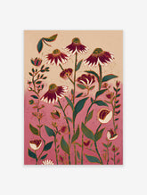 Vibrant pink and red botanical flower art print featuring stylized coneflowers and green leaves on a textured background.