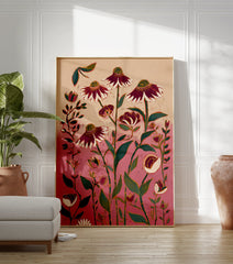 Vibrant pink and red botanical flower art print featuring stylized coneflowers and green leaves on a textured background. - Image 3