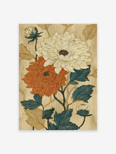 Vintage botanical flower poster featuring stylized orange and cream peonies with blue and gold leaves on a textured beige background.