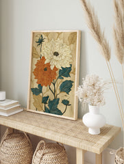 Vintage botanical flower poster featuring stylized orange and cream peonies with blue and gold leaves on a textured beige background. - Image 4
