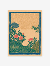 Vintage botanical flower print featuring blue and red peonies with green leaves and decorative patterns on a peach background