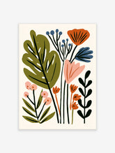 Botanical flower wall art print with green leaves, pink and orange blooms, and blue berries on cream background