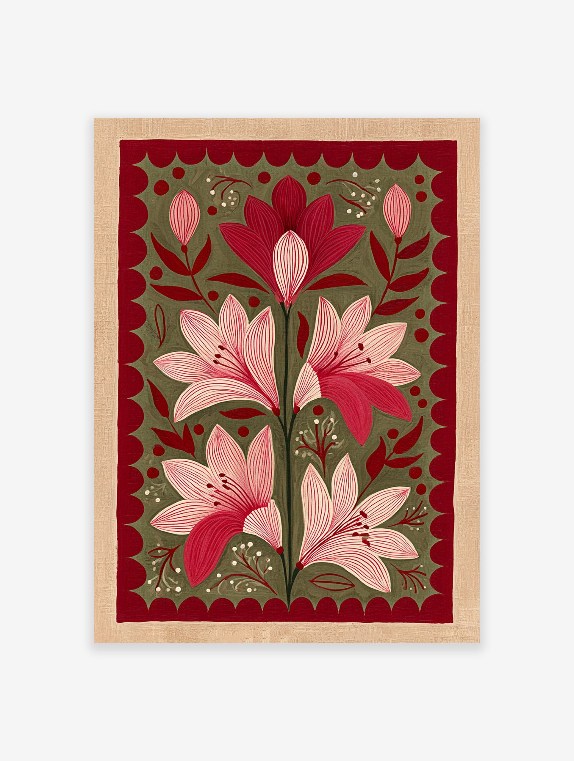 Red and pink botanical flower illustration wall art with green background and maroon scalloped border, folk art style.