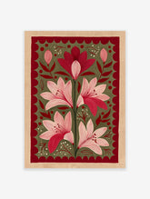 Red and pink botanical flower illustration wall art with green background and maroon scalloped border, folk art style.