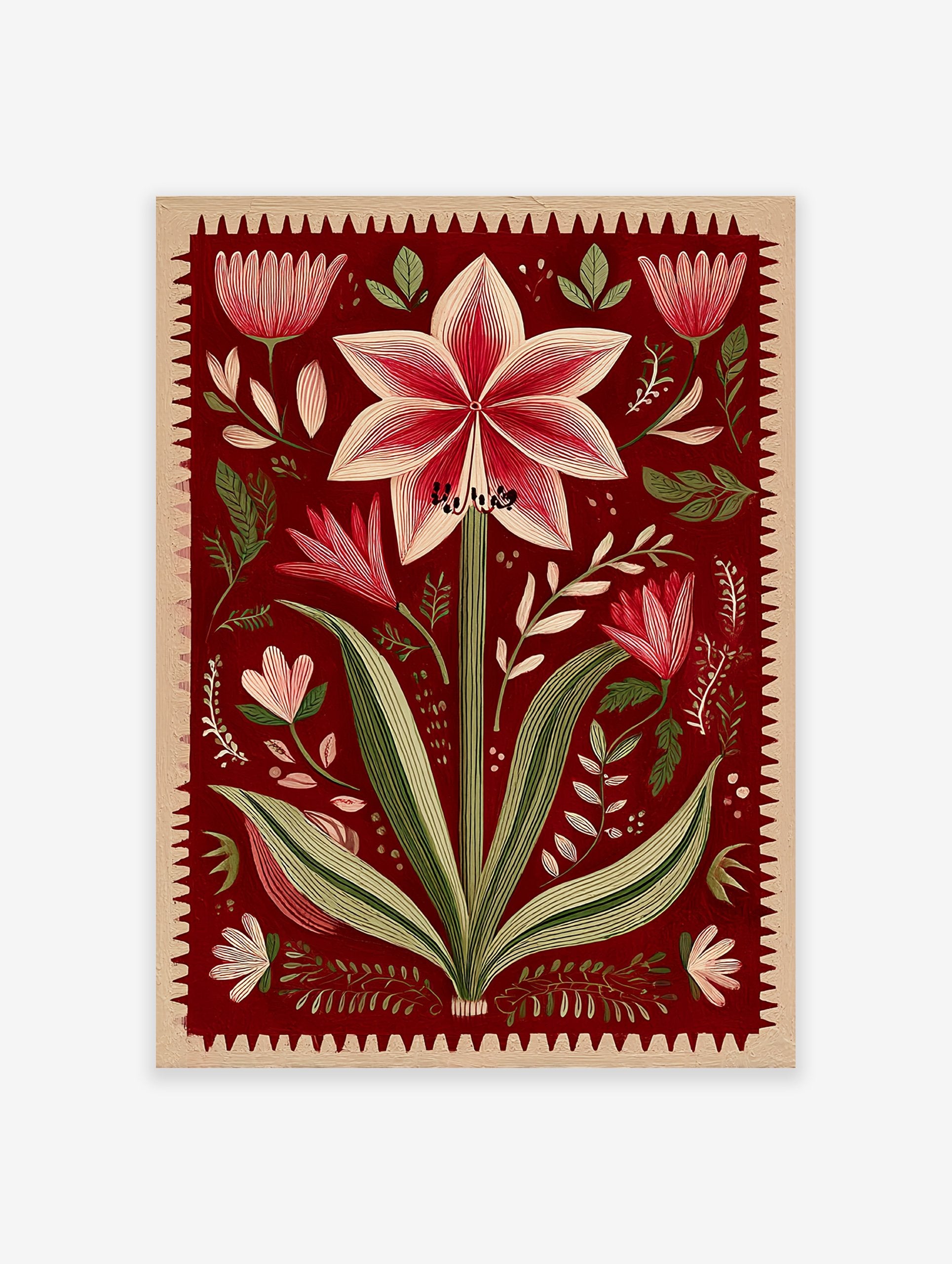 Red botanical wall art print featuring a detailed Amaryllis flower illustration with green leaves and a decorative border.