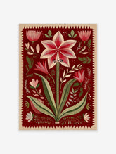 Red botanical wall art print featuring a detailed Amaryllis flower illustration with green leaves and a decorative border.