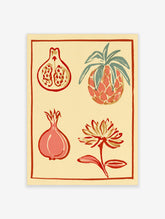 Botanical wall art illustration featuring a pineapple, pomegranate halves, and a flower in red and green hues