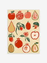 Botanical fruit illustration with red pomegranates, apples, and pears in a retro block-print style on a beige background