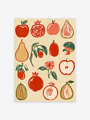 Botanical fruit illustration with red pomegranates, apples, and pears in a retro block-print style on a beige background