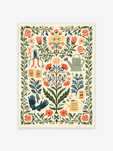 Colourful botanical garden art print with orange flowers, gardening tools, and a green vine border on cream