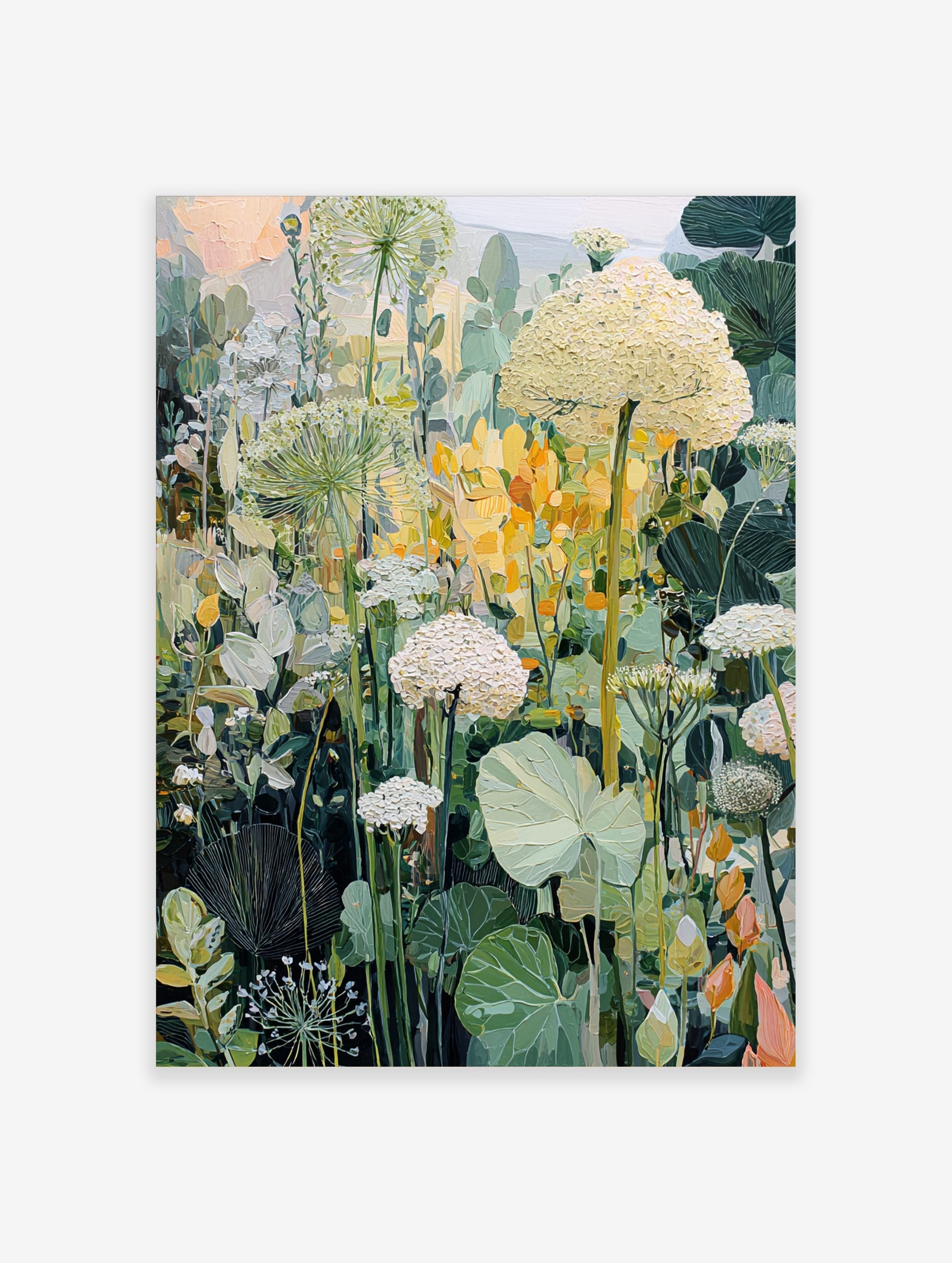 Painterly botanical garden art print with white flowers, green leaves, and yellow accents
