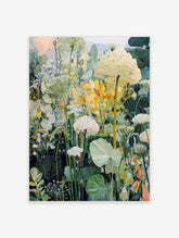Painterly botanical garden art print with white flowers, green leaves, and yellow accents