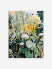 Painterly botanical garden art print with white flowers, green leaves, and yellow accents
