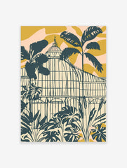 Illustrative botanical greenhouse with tropical plants in dark teal, cream, golden yellow, and pink