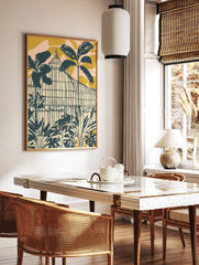 Illustrative botanical greenhouse with tropical plants in dark teal, cream, golden yellow, and pink, in a styled room mockup