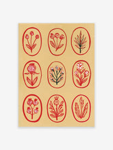 Botanical grid wall art print featuring nine red floral and leaf illustrations inside oval frames on a cream background