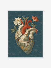 Vintage botanical heart wall art illustration with red arteries, white and yellow flowers on a dark teal patterned background