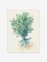 Botanical herb bouquet illustration with green and blue leaves tied with a blue ribbon on a light background