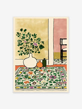 Botanical interior scene wall art print with a white vase of green and purple flowers, orange and green bottles, and a floral patterned rug.