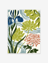 Botanical art print of blue iris, green lotus, and red spider lily on white background