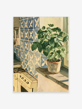 Botanical kitchen poster of a potted basil plant on a sunlit sill beside blue patterned tiles