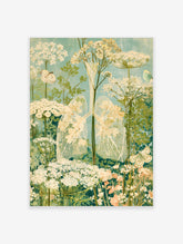Botanical lace wing poster with cow parsley, green stems, and two white butterflies on a pale blue background