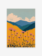 Vibrant botanical landscape wall art featuring pink flowers, golden field, blue mountains, and a cloudy sky.