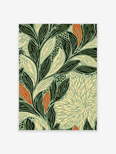 Botanical leaf pattern art print with dark green foliage, cream petals, and orange accents