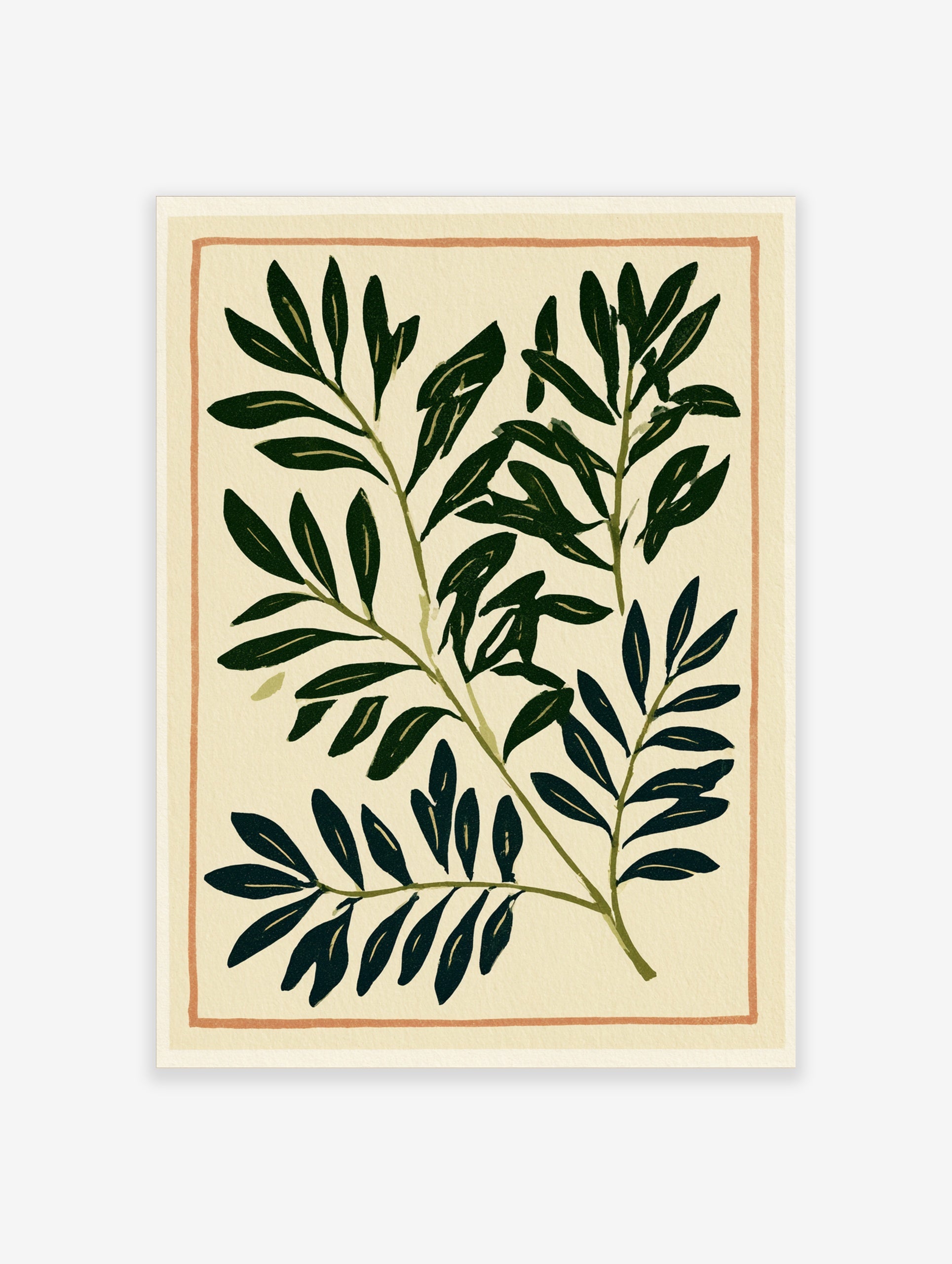 Botanical leaf print with deep green foliage and thin orange border on cream paper background