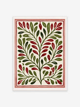 Botanical illustration with symmetrical green leaves and red berries on a cream background, framed by a red border
