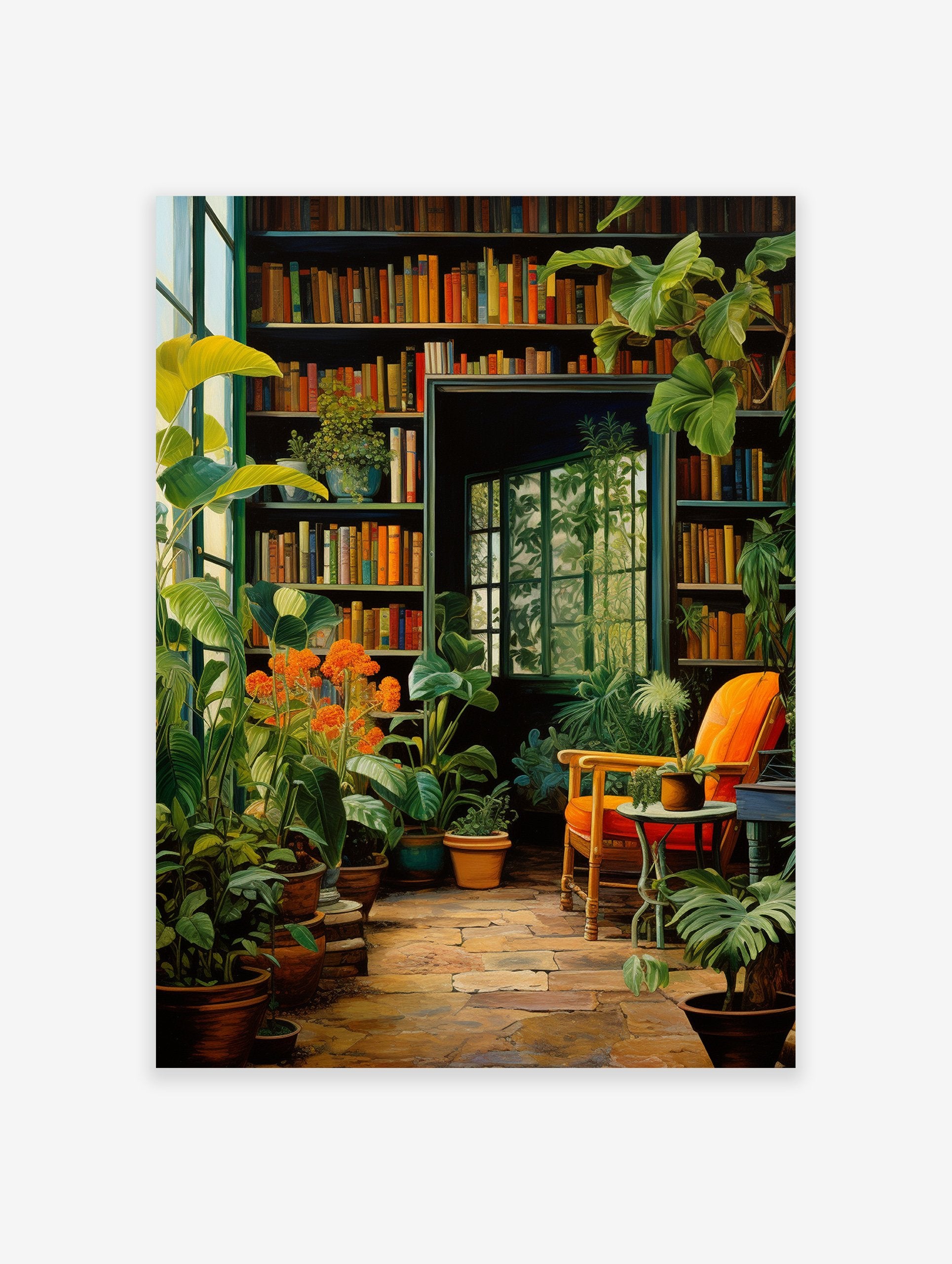 Botanical Library poster showing a cozy room filled with green plants, bookshelves, an orange chair, and a window.