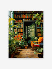 Botanical Library poster showing a cozy room filled with green plants, bookshelves, an orange chair, and a window.