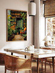 Botanical Library poster showing a cozy room filled with green plants, bookshelves, an orange chair, and a window. - Image 2