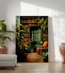 Botanical Library poster showing a cozy room filled with green plants, bookshelves, an orange chair, and a window. - Image 3