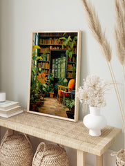 Botanical Library poster showing a cozy room filled with green plants, bookshelves, an orange chair, and a window. - Image 4