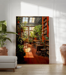 Botanical Library Poster showing a sunroom filled with lush green plants, bookshelves, wooden floor, and warm sunlight. - Image 3