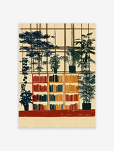 Botanical wall art print depicting an interior with bookshelves filled with books and potted plants against a window grid in earthy tones.