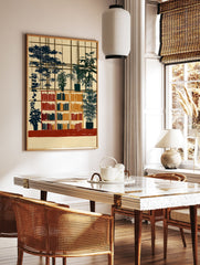 Botanical wall art print depicting an interior with bookshelves filled with books and potted plants against a window grid in earthy tones. - Image 2