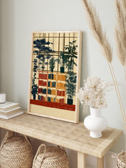 Botanical wall art print depicting an interior with bookshelves filled with books and potted plants against a window grid in earthy tones. - Image 3