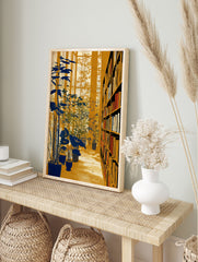 Botanical Library Wall Art print showing an indoor garden with blue plants, tall windows, and a golden bookshelf filled with books. - Image 3