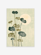 Botanical lily pad art print with green leaves, tall stems, and pale moon on sage background