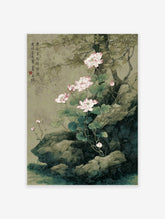 Traditional Chinese botanical lotus painting with pink flowers, green leaves, and grey rocks by a calm body of water.
